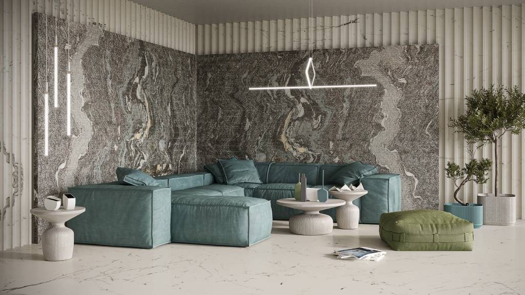 Statement grey veined marble wall with contemporary living room furniture