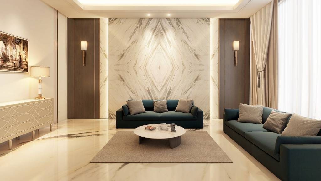 Beige bookmatched marble feature wall in a neutral-toned modern living room