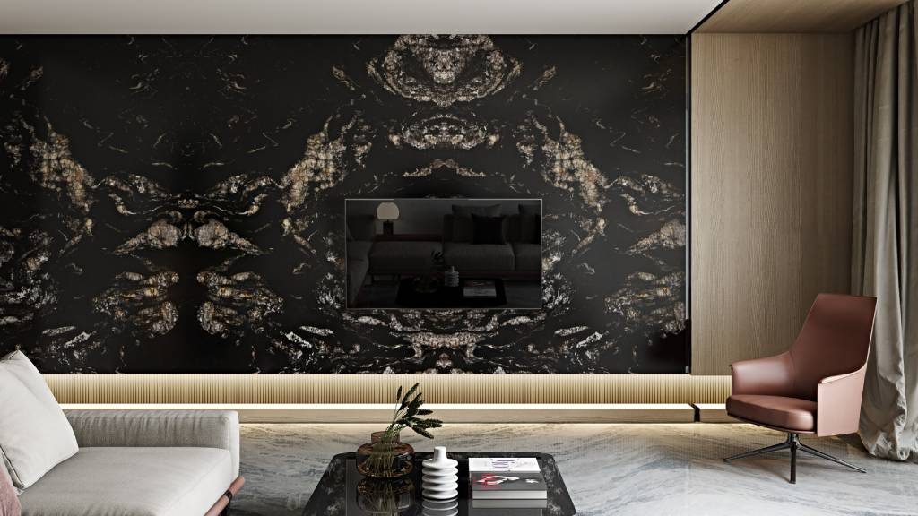 Black bookmatched statement wall with gold veining and wooden accents