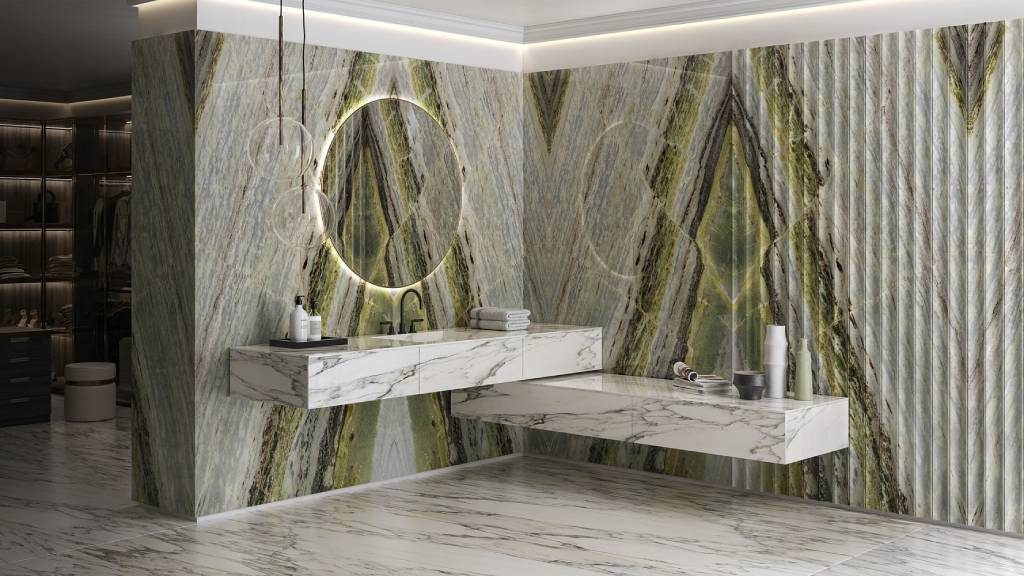Green and grey bookmatched marble bathroom with curtain finish marble wall and floating vanities