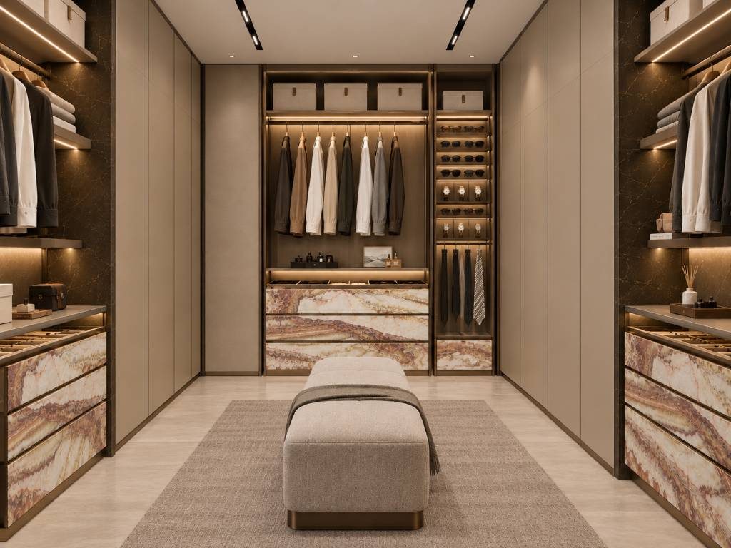 Marble Walk In Wardrobe Design with Dedicated Storage Zones