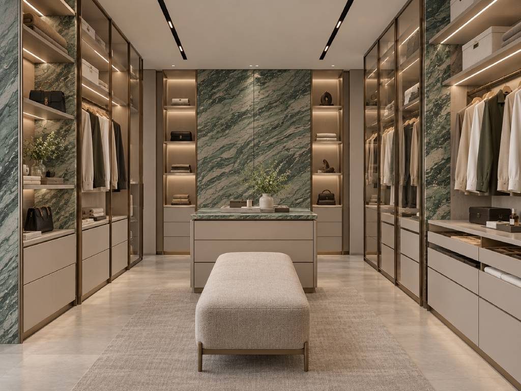 Marble Walk In Wardrobe Design with Display Sections