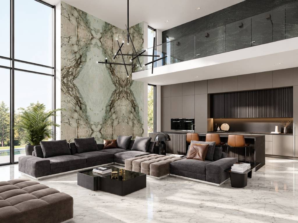 bookmatched marble feature wall villa 