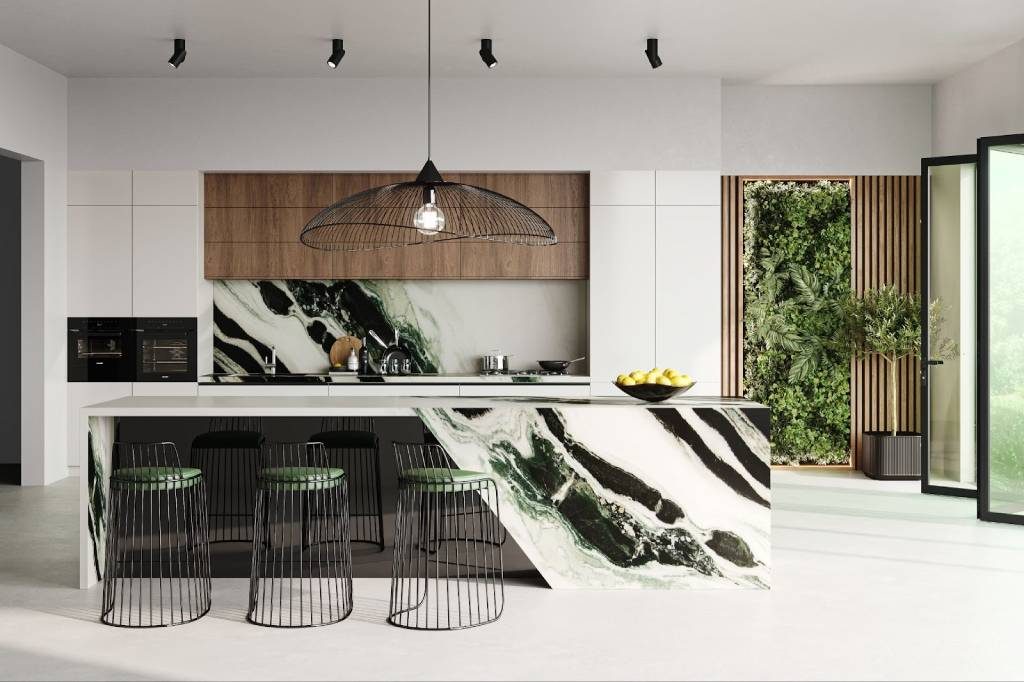 Veined Marble Dining Table in Modern Green Kitchen