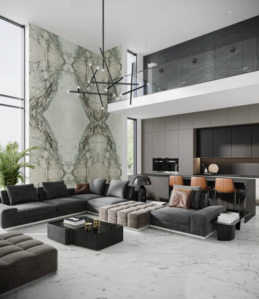  Luxury living room with a dramatic bookmatched marble feature wall showcasing natural veining and modern contemporary interiors.