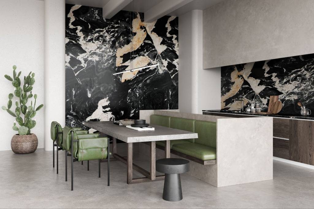 Modern Marble Dining in Emerald Green Tones