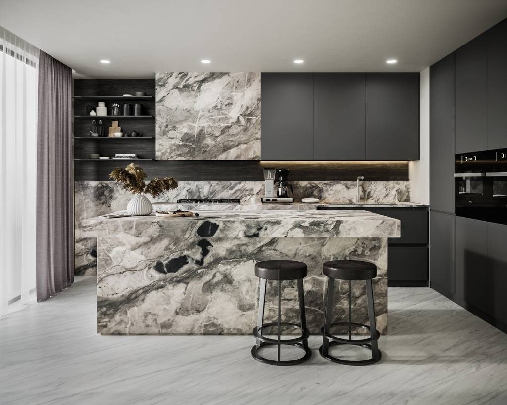  Luxury modern kitchen with a large marble kitchen island made from natural stone slabs and dramatic veining patterns.