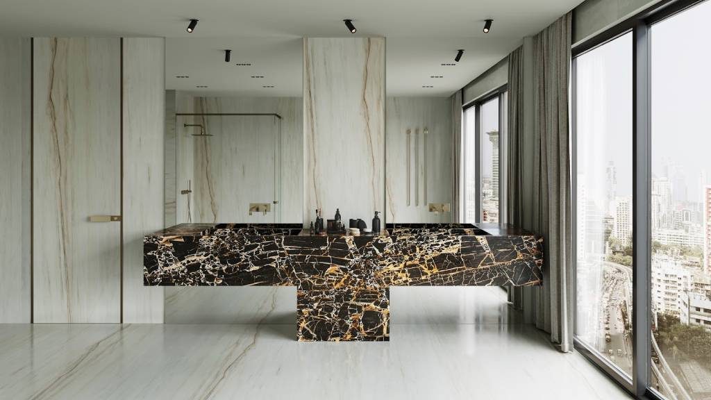 Luxury bathroom American Portoro Gold marble
