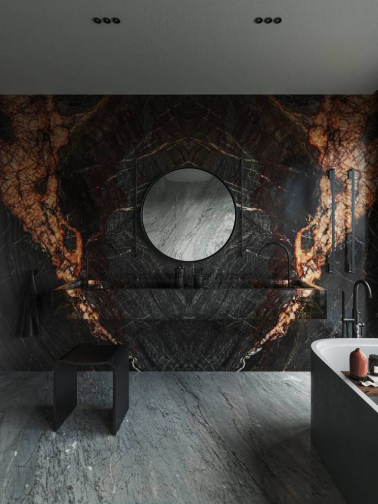 luxury bathroom dramatic bookmatched dark marble