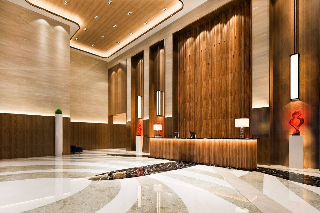 Italian Marble Finish Vitrified Tiles Lobby Design