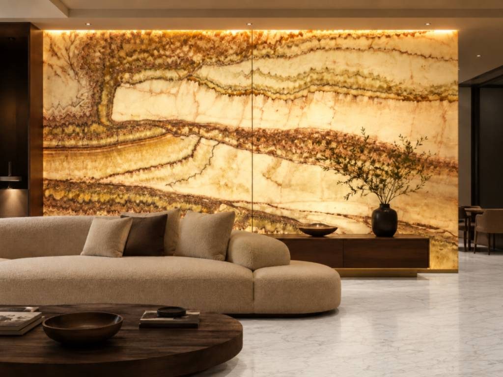 A backlit onyx feature wall at The Quarry Gallery, glowing from within