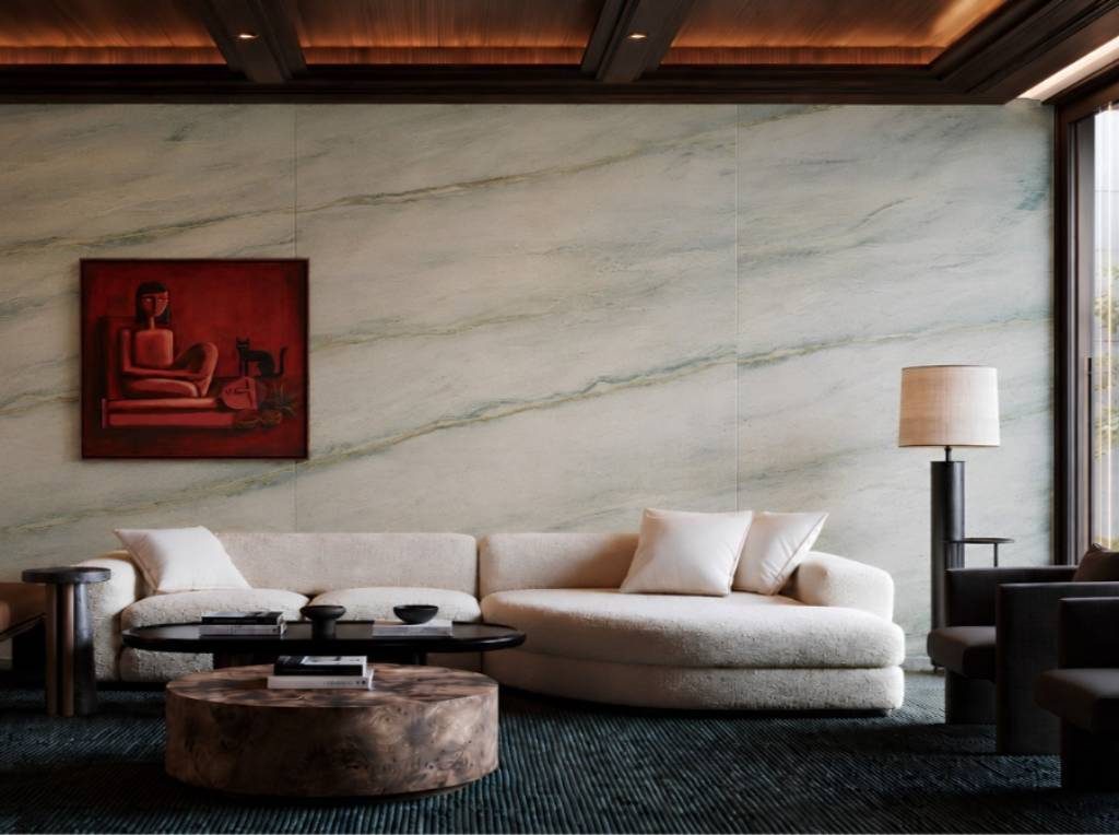 Natural sequence marble application on living room wall